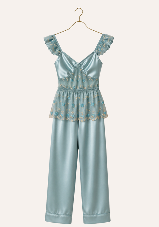 Satin Pajamas: Sleeveless Top With Lace Detail And Satin Pants