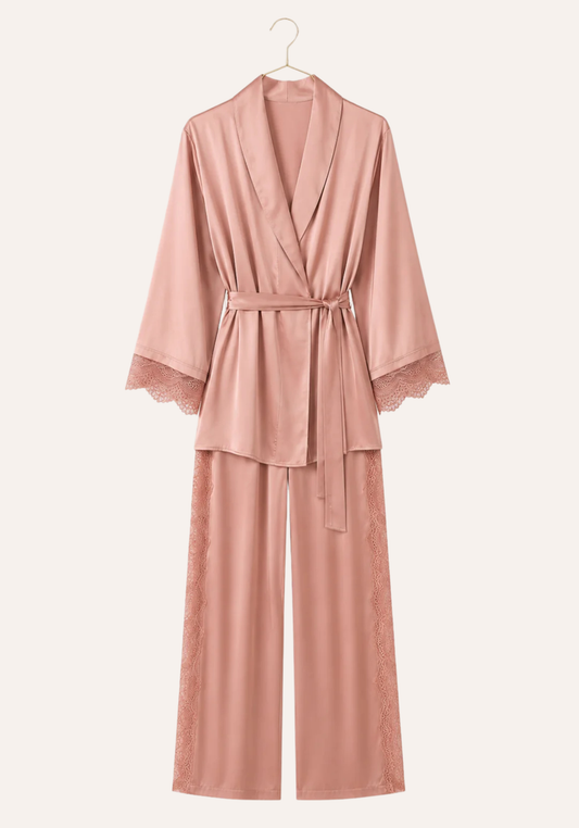 Satin Pajamas: Long Sleeves Robe Like Top And Pant With Lace Detail
