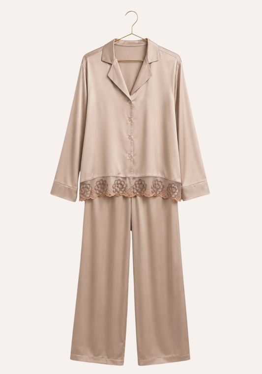 Satin Collar Button Long Sleeve With Lace Detail Pajamas