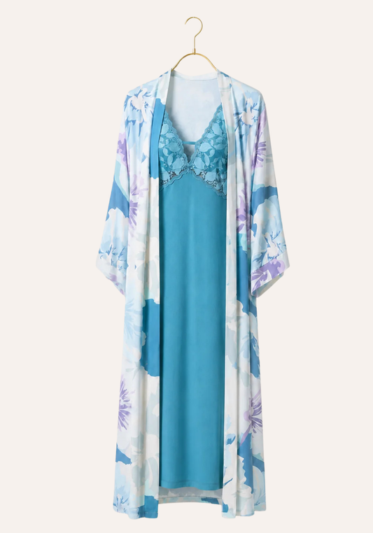 Long Robe Set: Shoulder Strap Long Nighty With Dantel (Viscose Lycra) And Long Robe (100% Viscose)