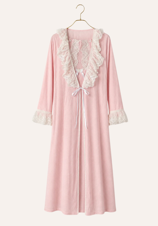 Maternal Long Robe Set: Long Nighty With Button Dantel Front And Long Robe With Dantel Sleeve Ending