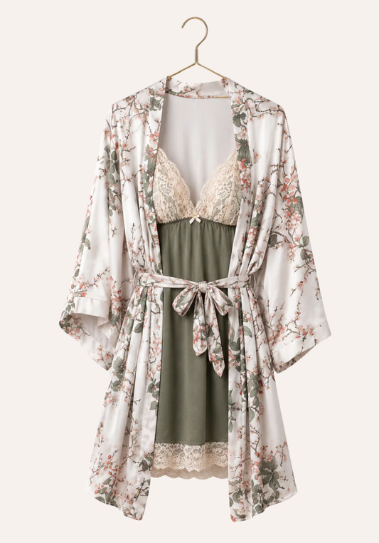 Short Robe Set: Viscose Lycra Shoulder Strap Plain Nighty With Lace Detail And Satin Printed Robe