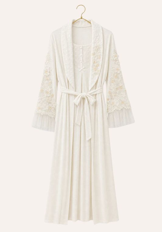 Maternal Robe Set: Button Long Nighty With Front Dantel And Long Robe With Dantel