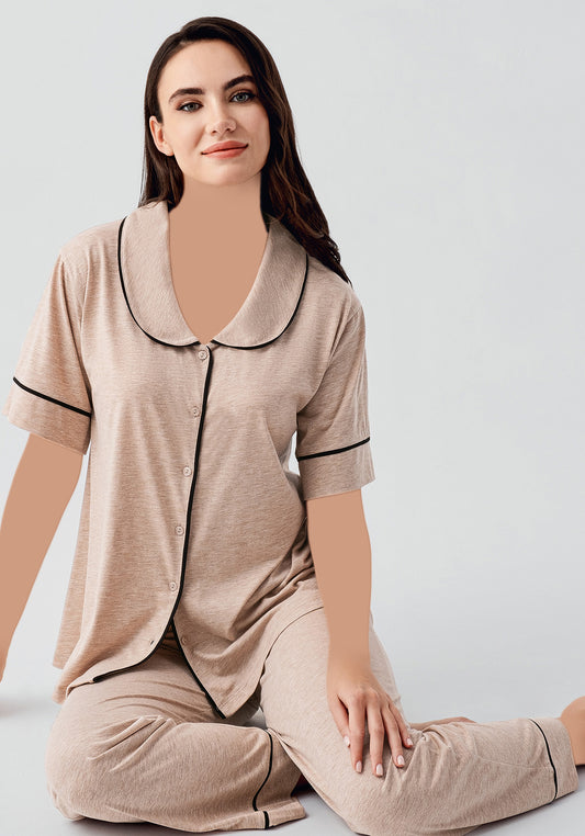 بيجامة بأكمام قصيرة وأزرار وياقة S&L