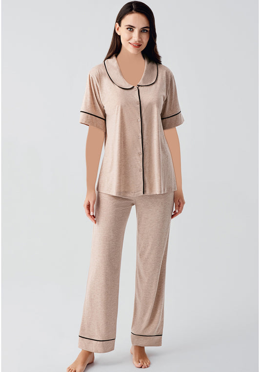 بيجامة بأكمام قصيرة وأزرار وياقة S&L