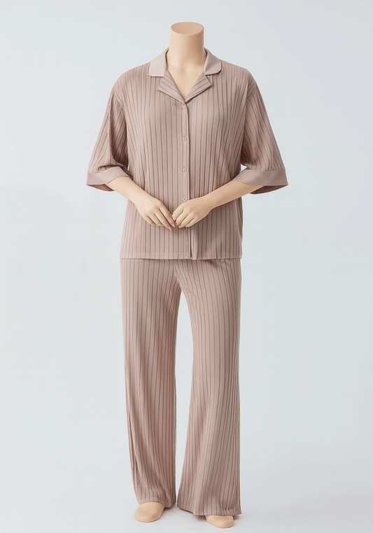 بيجامة جاكار مخططة بأكمام قصيرة وياقة وأزرار من S&L