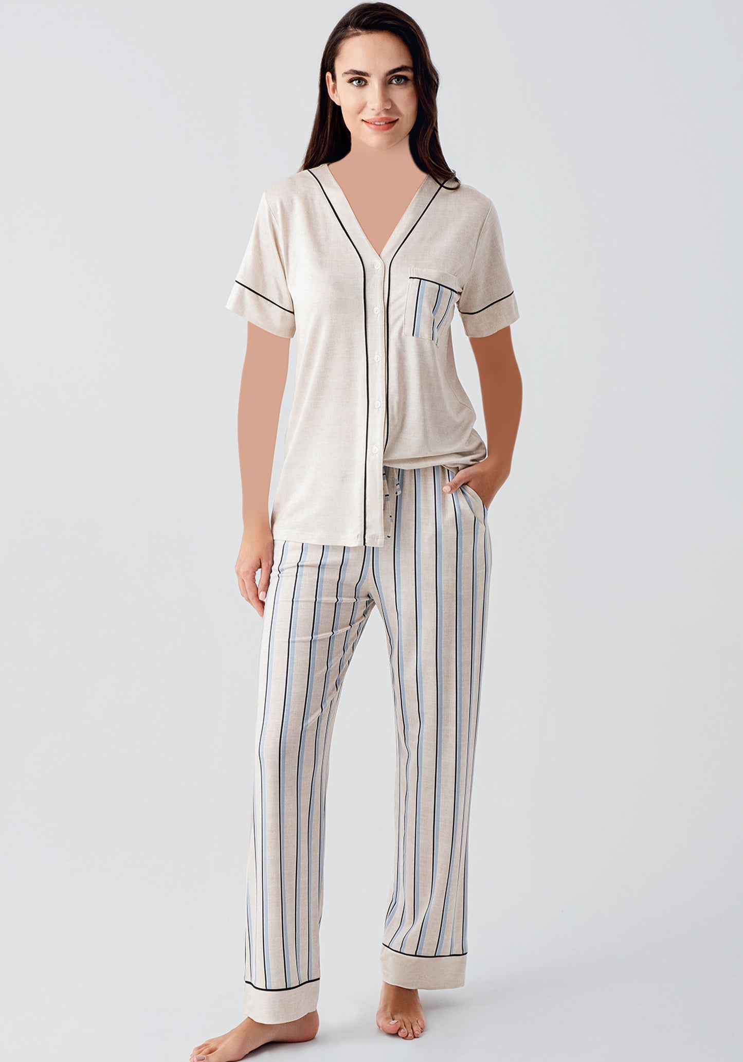 S&L V-Neck Button Top And Striped Pant Short Sleeve Pajama