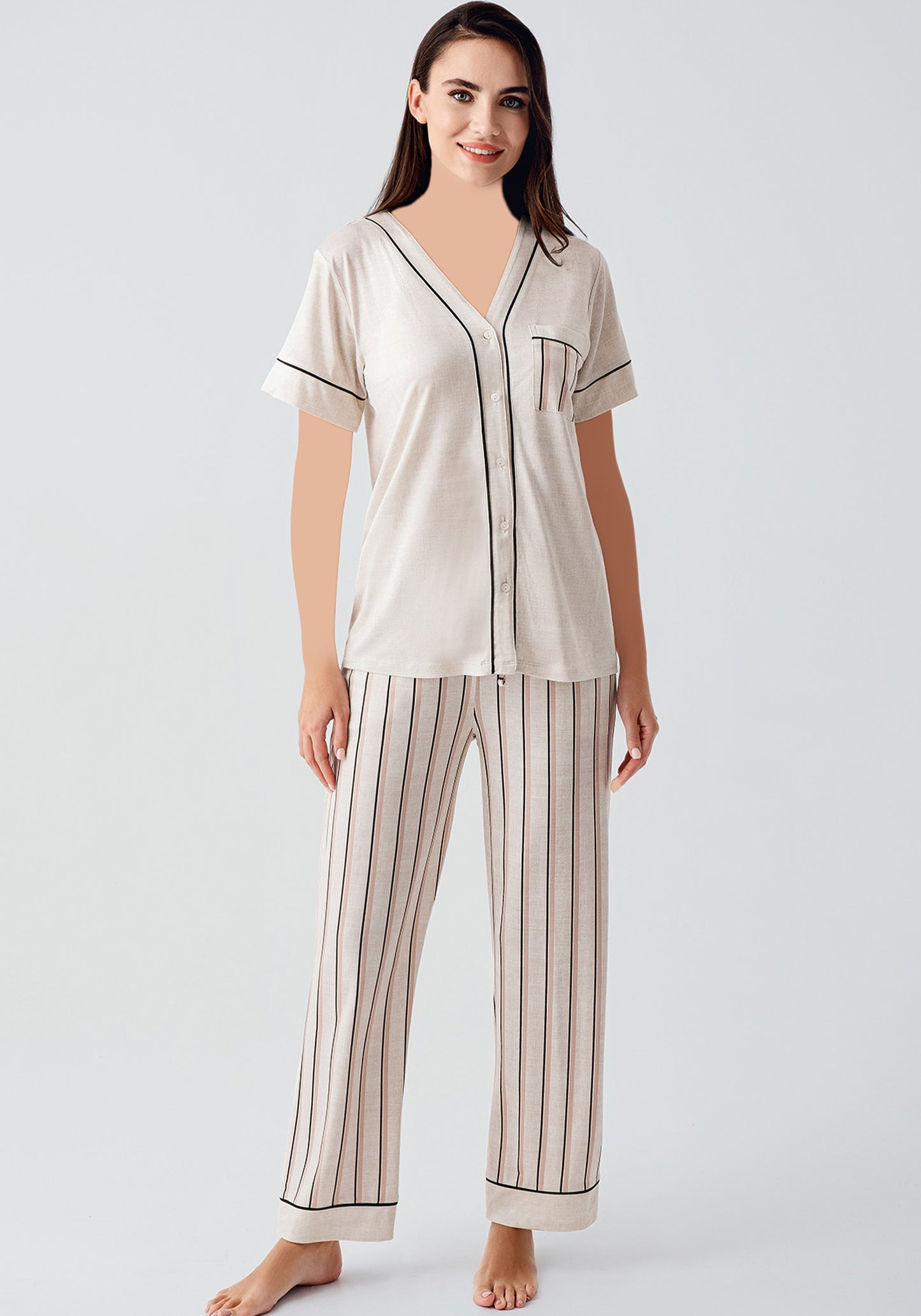 V-Neck Button Top And Striped Pant Short Sleeve Pajama