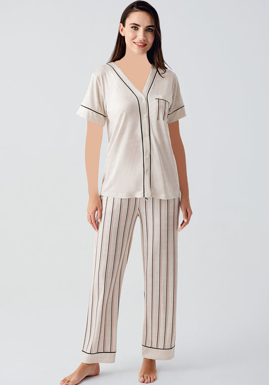 S&L V-Neck Button Top And Striped Pant Short Sleeve Pajama