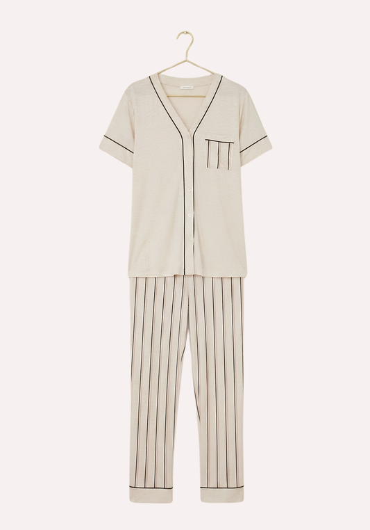 V-Neck Button Top And Striped Pant Short Sleeve Pajama