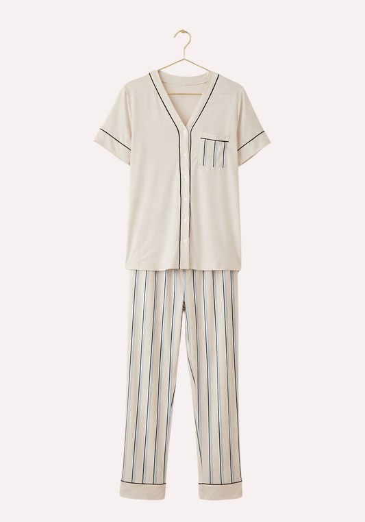 V-Neck Button Top And Striped Pant Short Sleeve Pajama