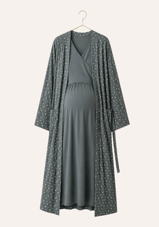 Maternal 2 Pieces Cotton Lycra Long Robe And Nighty Set