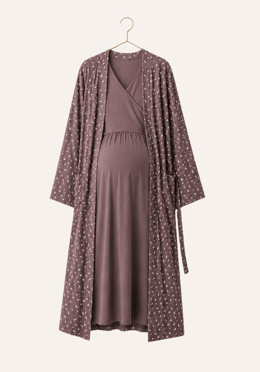 Maternal 2 Pieces Cotton Lycra Long Robe And Nighty Set