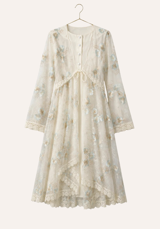 Maternal Short Robe Set: Long Sleeve Buttoned Nighty And Long Sleeve Organza Dantel Robe