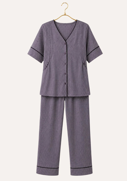 Plain Chords Buttoned Top And Pant Pajamas