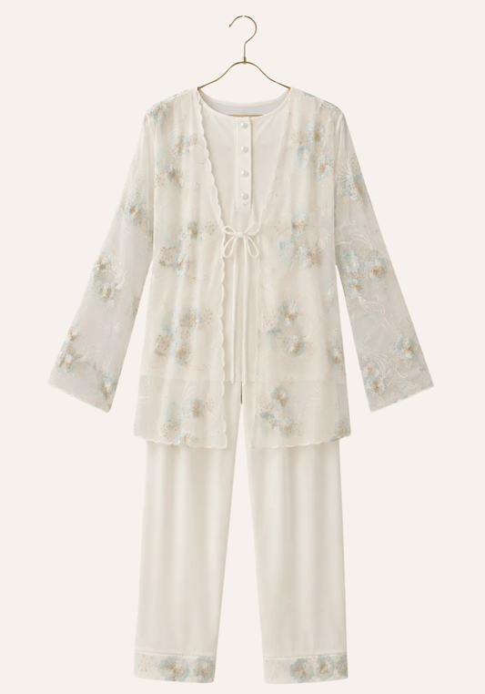 Maternal 3-Pieces Pajamas: Long Sleeve Buttoned Top And Pants And Long Sleeve Organza Robe