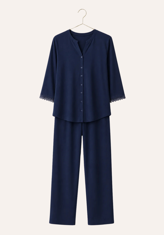 Maternal Pajamas: Plain Button Top With Lace Detail And Pants (100% Premium Cotton)