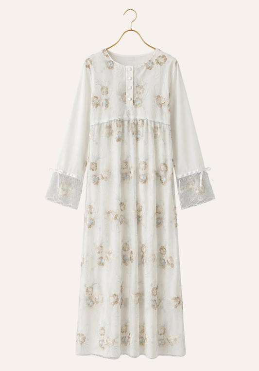 Maternal Long Nighty: Long Sleeve Long Nighty With Organza On Top Of It