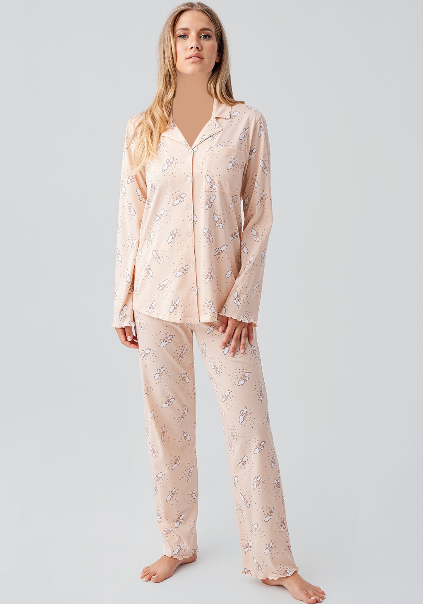 Collar Button Long Sleeve Printed Pajama