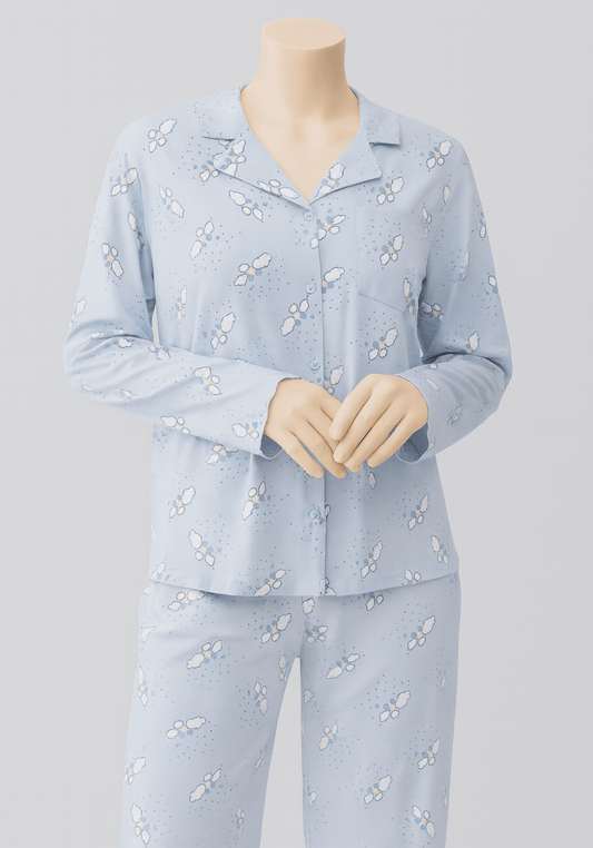 Collar Button Long Sleeve Printed Pajama
