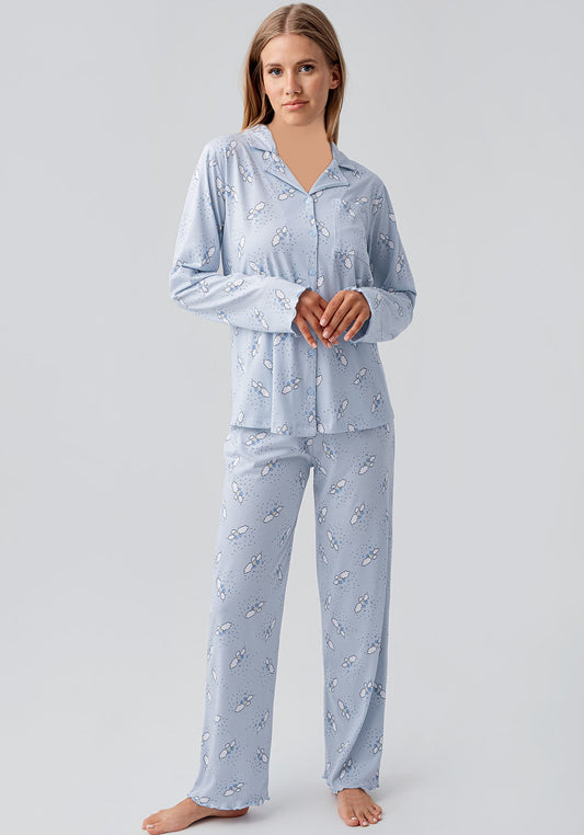 Collar Button Long Sleeve Printed Pajama
