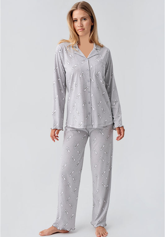 Collar Button Long Sleeve Printed Pajama