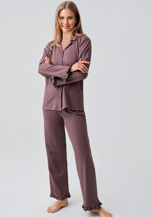 Maternal Cotton Lycra Collar Button Long Sleeve Pajamas