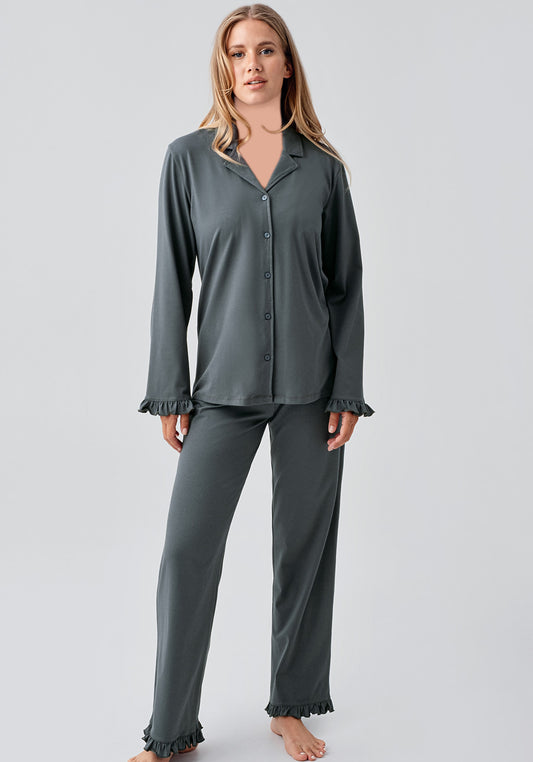 Maternal Cotton Lycra Collar Button Long Sleeve Pajamas