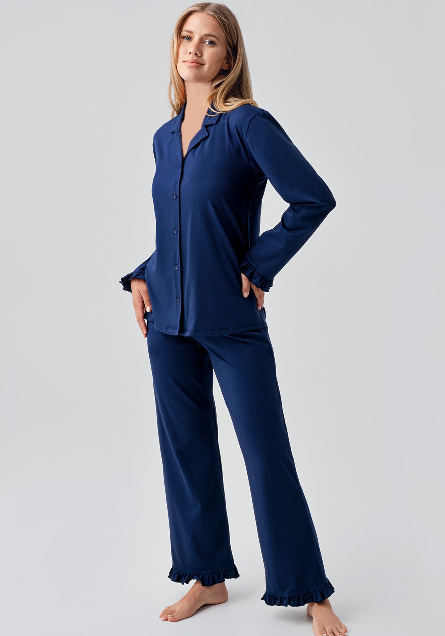 Maternal Cotton Lycra Collar Button Long Sleeve Pajamas