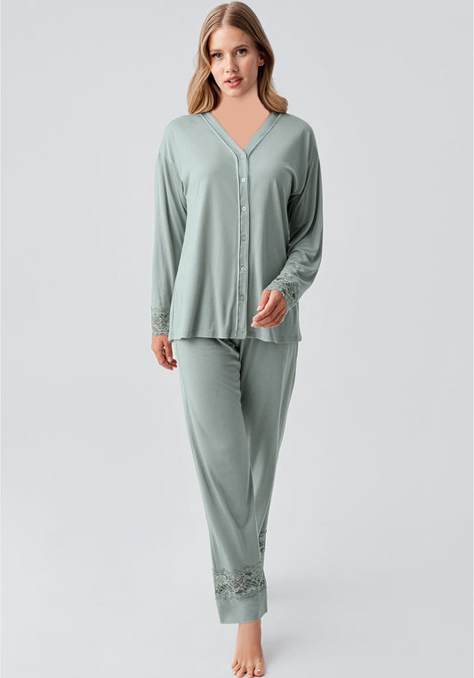 Maternal Viscose Lycra Button Top Long Sleeve Pajamas