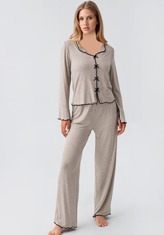 Maternal Viscose Lycra Collar Button Long Sleeve Pajamas