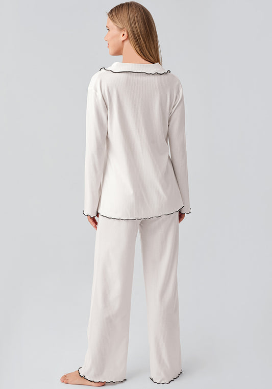 Long Sleeve Collar Ribbon Top And Pant Set