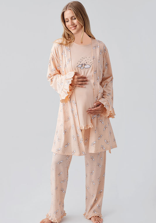Maternal 3 Pieces Cotton Robe And Pajama Set