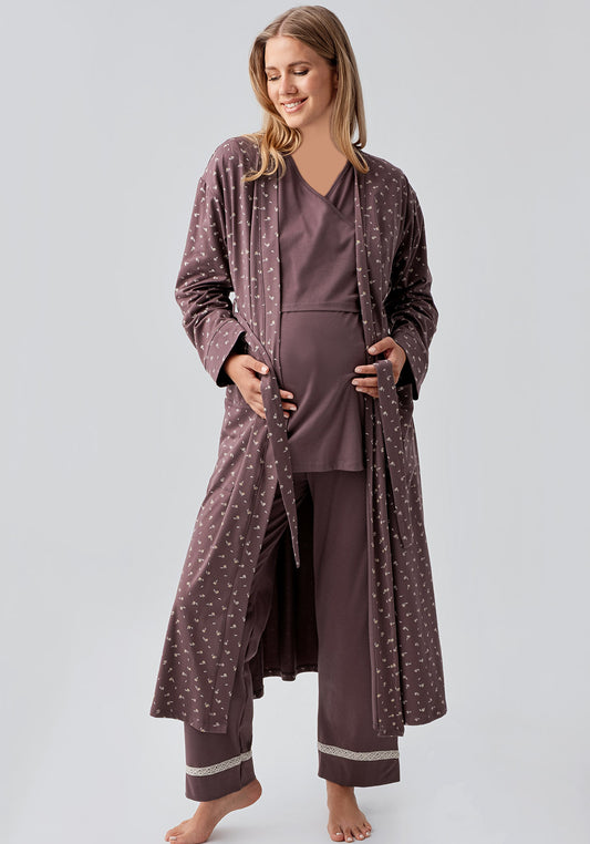 Maternal 3 Pieces Cotton Lycra Long Robe And Pajama Set