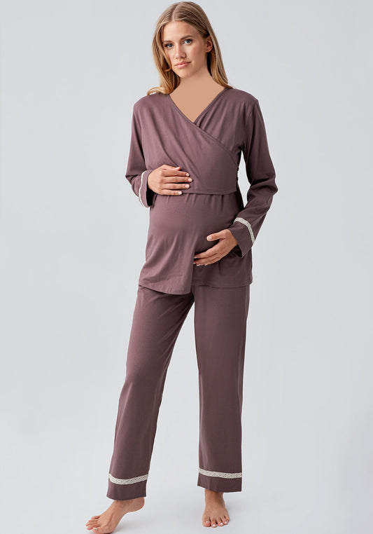 Maternal 3 Pieces Cotton Lycra Long Robe And Pajama Set