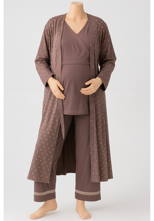 Maternal 3 Pieces Cotton Lycra Long Robe And Pajama Set