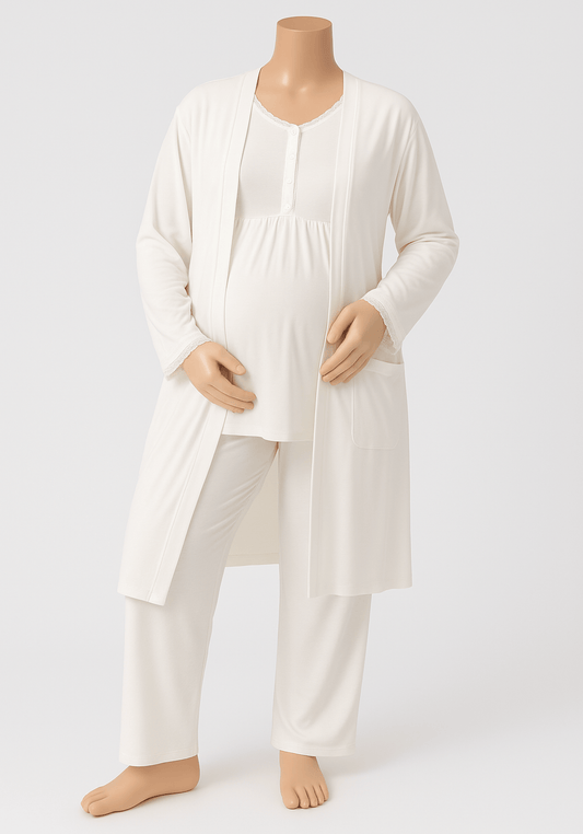 Maternal 3 Pieces Viscose Lycra Long Robe And Pajama Set