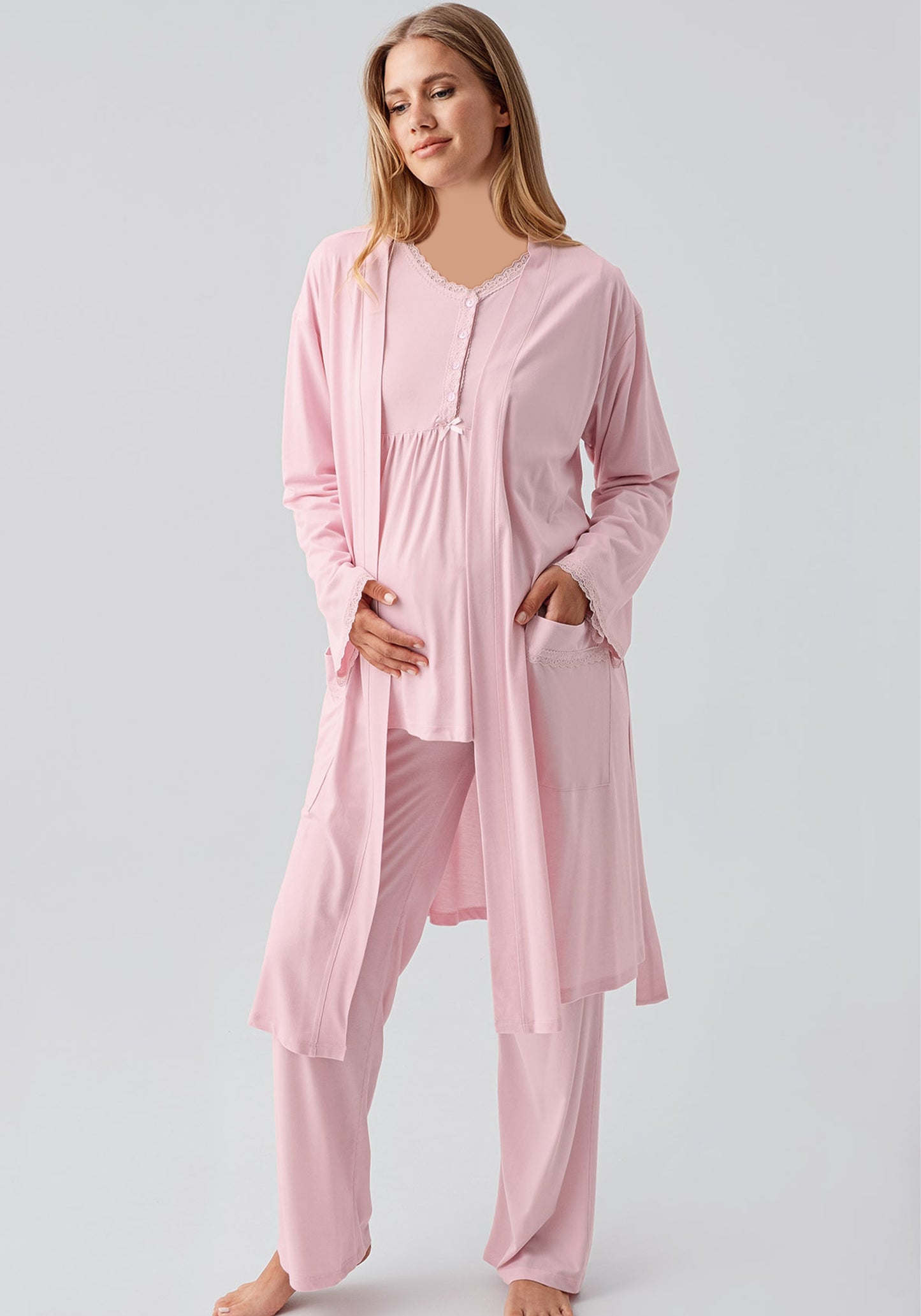 Maternal 3 Pieces Viscose Lycra Long Robe And Pajama Set
