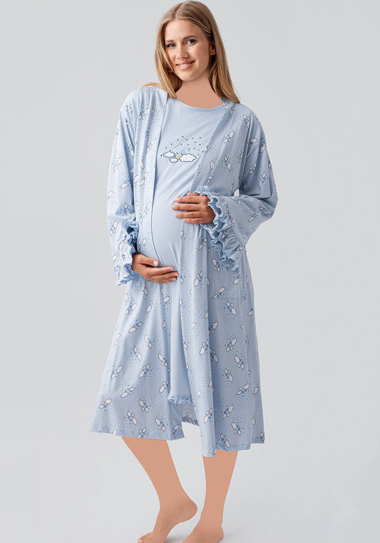 Maternal 2 Pieces Cotton Robe And Nighty Set