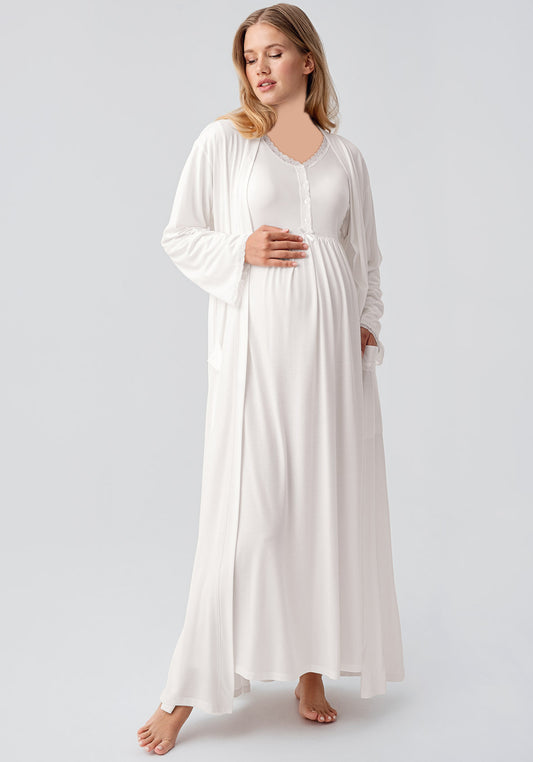 Maternal 2 Pieces Viscose Lycra Long Robe And Nighty Set