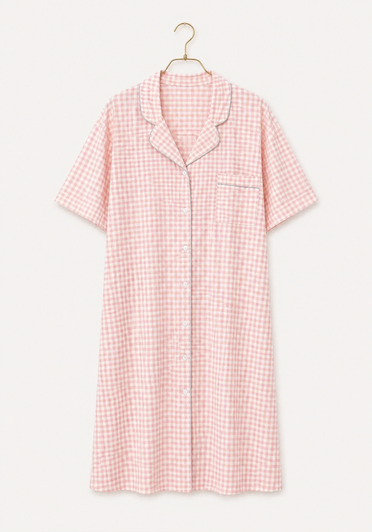 Cotton (100%) Woven Collar Button Short Sleeve Jackard Nighty