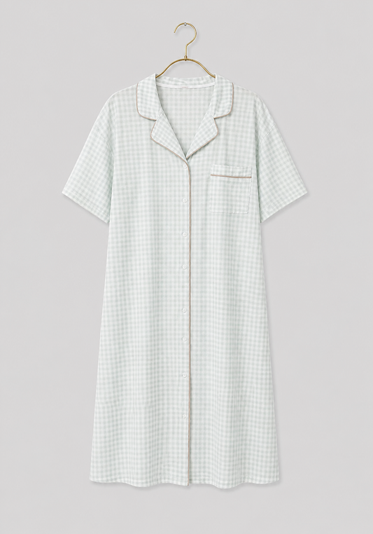 Cotton (100%) Woven Collar Button Short Sleeve Jackard Nighty