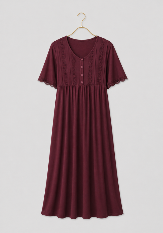 Plus Size Viscose Lycra Plain Short Sleeve Long Nighty With Lace Detail
