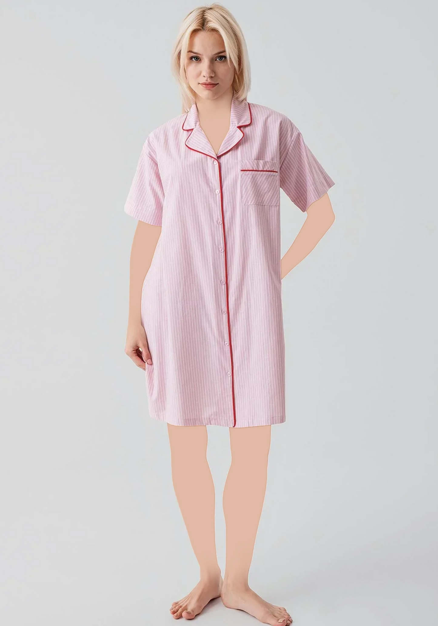 Cotton (100%) Woven Collar Button Short Sleeve Striped Nighty