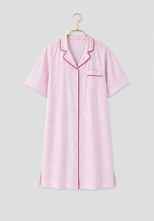 Cotton (100%) Woven Collar Button Short Sleeve Striped Nighty