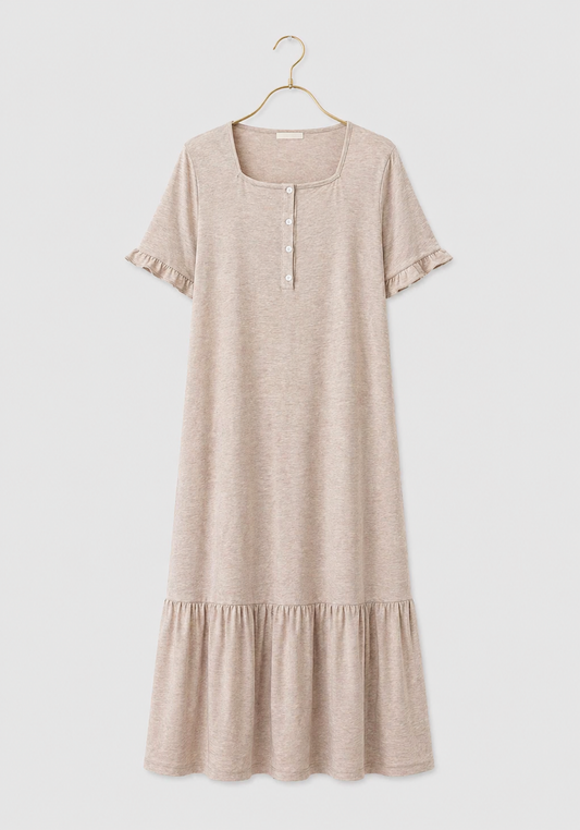 Cotton Button Short Sleeves Ruffled Long Nighty