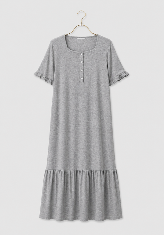 Cotton Button Short Sleeves Ruffled Long Nighty
