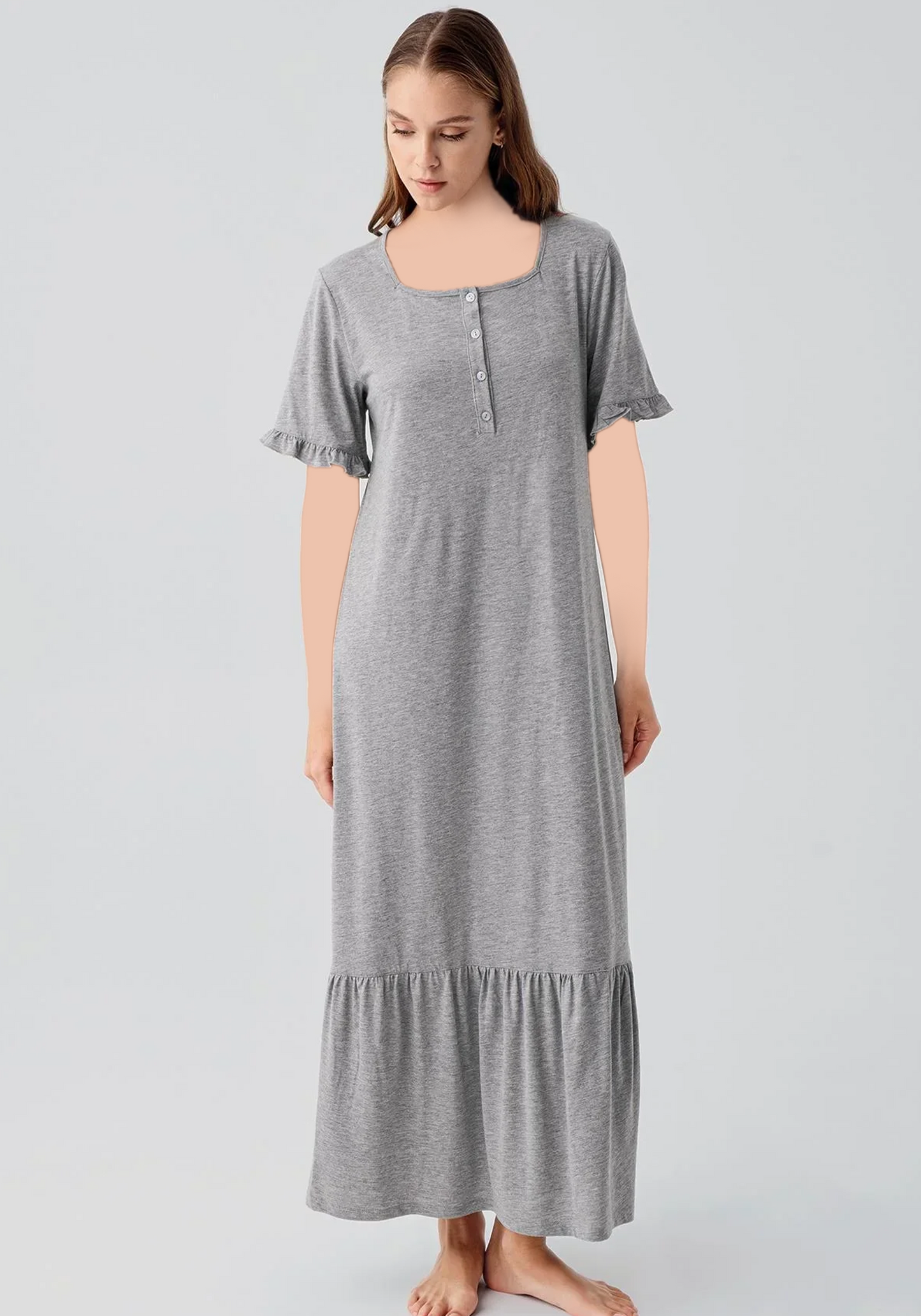 Cotton Button Short Sleeves Ruffled Long Nighty