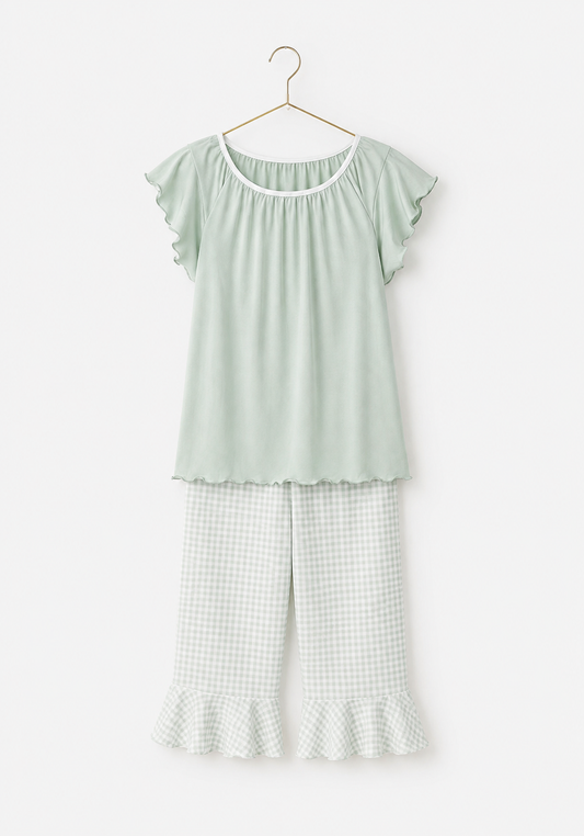 Plain Mega Sleeve Gingham Top And Chequered Capri Set