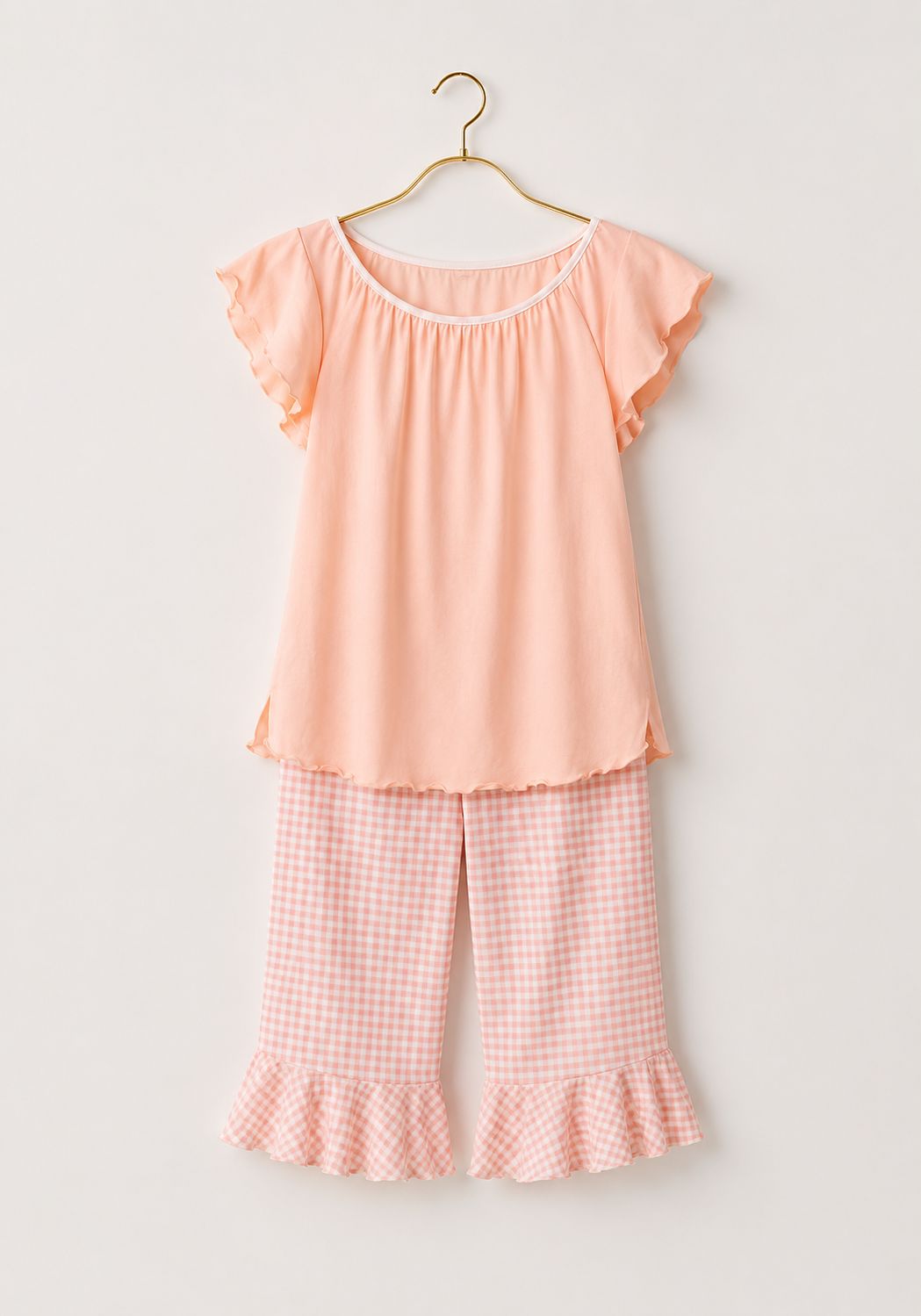 Plain Mega Sleeve Gingham Top And Chequered Capri Set